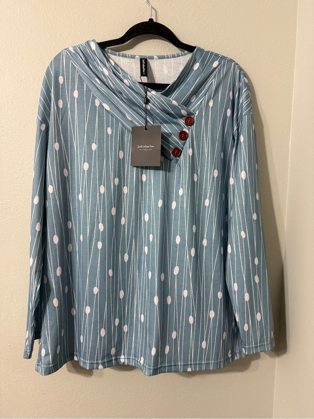Light Blue White Geometric Pattern w/ Accent Button Neckline Top Blouse L NWT